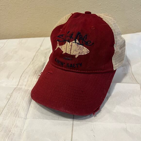 Salt Life Fishing Trucker Hat Burgundy Red Tan Mesh Adjustable Distressed - Picture 1 of 4